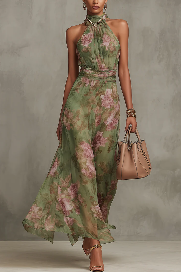 Patricia | Vestido maxi halter floral en acuarela